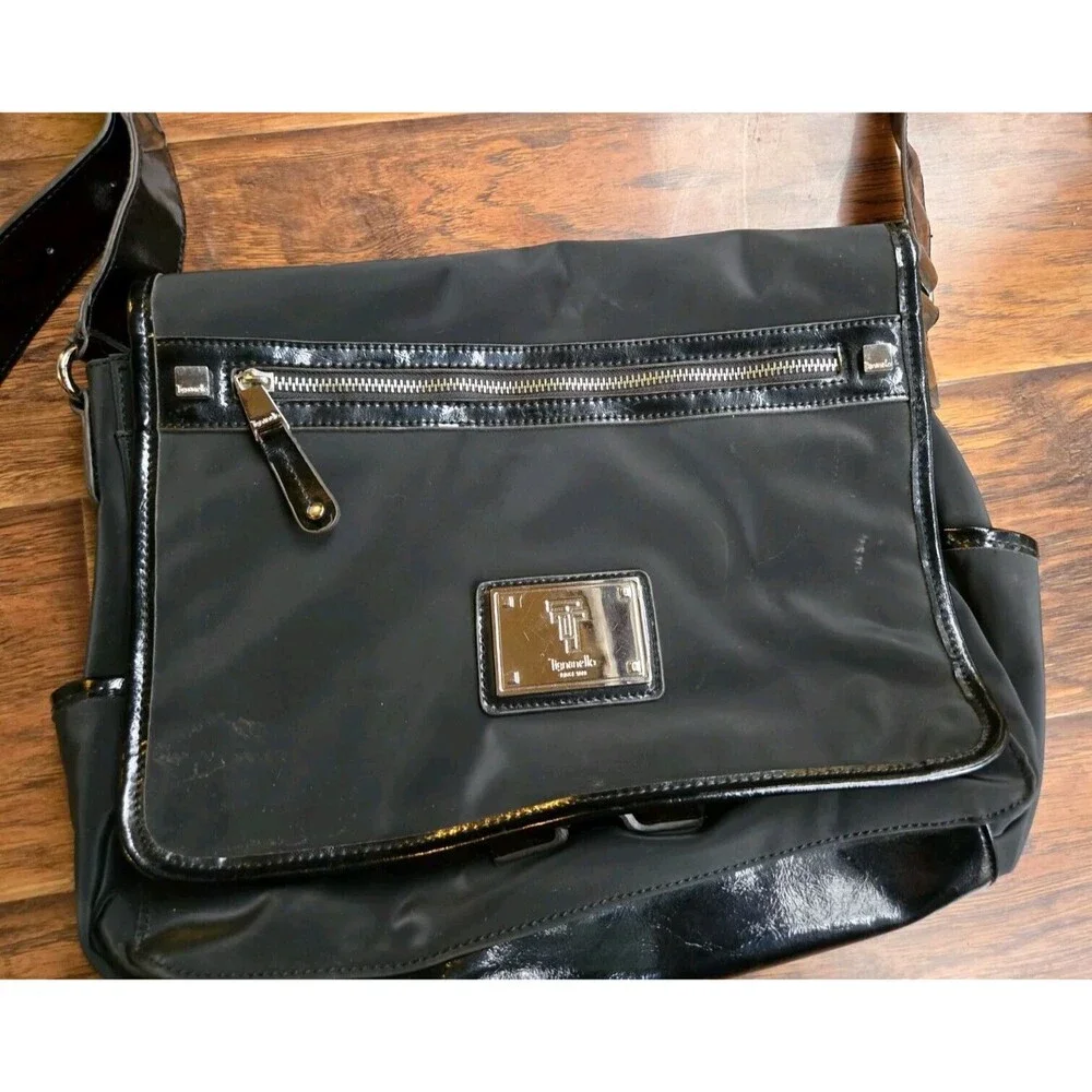 Tignanello Messenger Shoulder Bag Black Yellow Interior Laptop Computer Purse